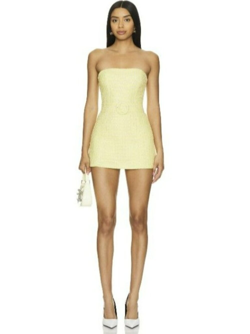 Amanda Uprichard x REVOLVE $250 Fae Yellow Tweed Belted Strapless Mini Dress - Picture 14 of 15